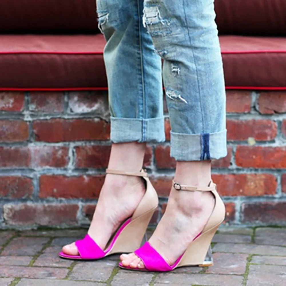 sigerson morrison • pink fuchsia haircalf tan dali lucite wedge heel sandals 9.5 - Picture 13 of 16